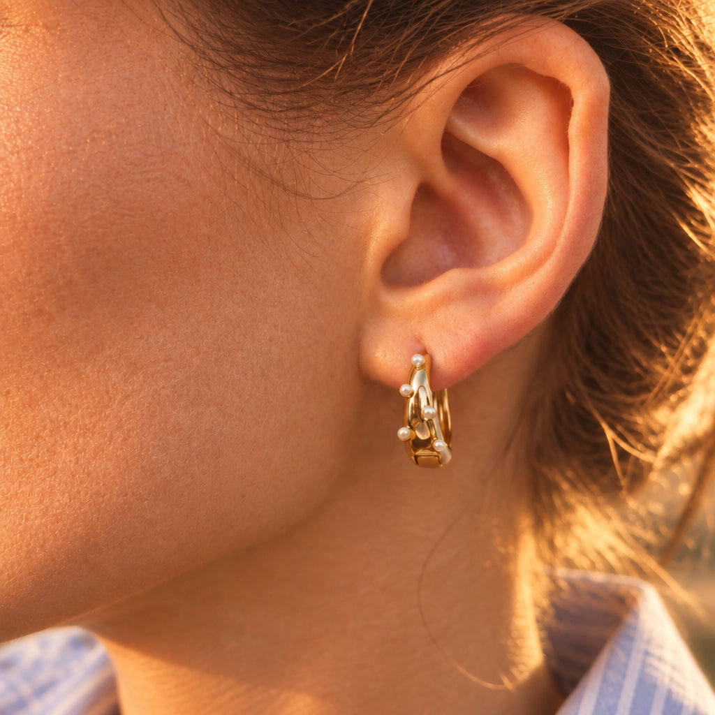 24K Gold Plated 14.5mm Shell Pearl Dotted Huggie Earrings in Gold & Silver | AE423 AE628: GOLD