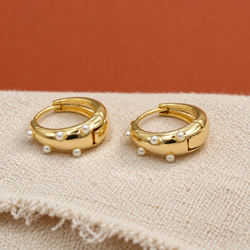 24K Gold Plated 14.5mm Shell Pearl Dotted Huggie Earrings in Gold & Silver | AE423 AE628: GOLD