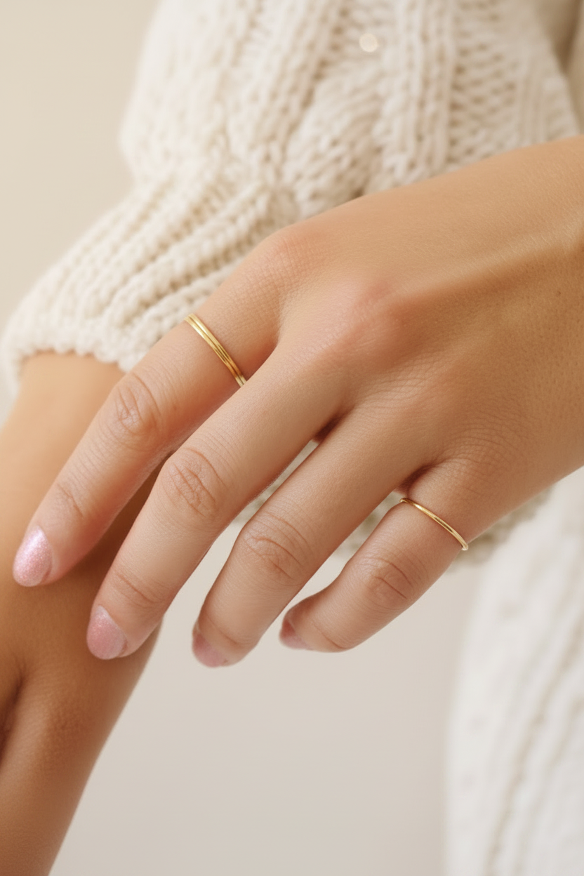 Close-up of a hand wearing two gold rings on a neutral background
